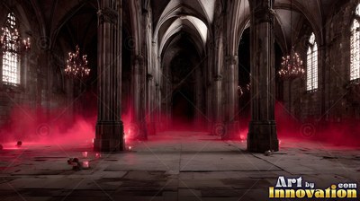 Cathedral interior with red smoke over stone floor and pillars