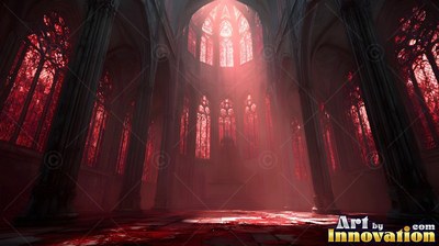 Tall ruby stained-glass windows line a dark stone cathedral filled with red haze