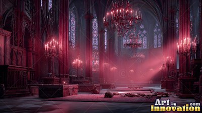 A cathedral hall fills with mist under deep red light from hanging chandeliers