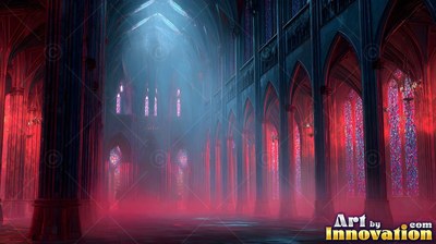 Angled view down a gothic cathedral filled with red fog and blue light