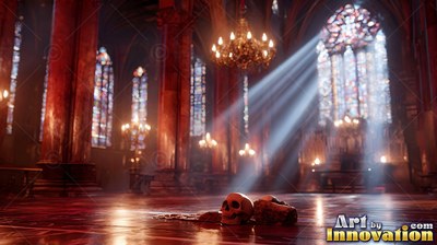A human skull lies on the marble floor of a dark gothic cathedral under sunbeams