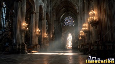 In a stone cathedral, warm chandeliers light a hazy aisle under arches