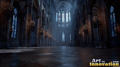 Stretching into blue haze, a cathedral with stone walls nave lines up dark pillars and arched windows