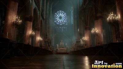 Dark cathedral aisle with a blue stained-glass window and candles