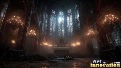 Tall blue stained-glass windows rise behind a stone altar in a dark cathedral lit by chandeliers