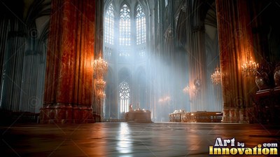 A cathedral with stone walls catches sunlight streaming down through tall windows into cool white mist