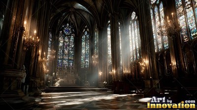 Viewed from the aisle of a cathedral with stone walls as sunlight streams across the floor