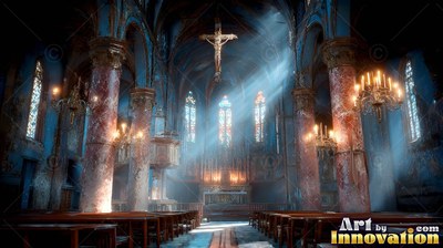 Sunlight filters through windows onto the wooden pews of a blue cathedral interior