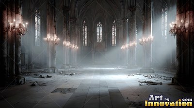 In a misty cathedral, sunlight cuts across stone floors between candelabras