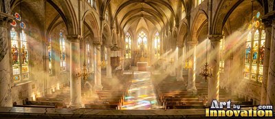 Sunlight beams through windows across a cathedral aisle