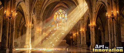 Bright sunbeams stream through a colorful stained-glass window of a tall stone cathedral