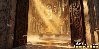 A stone cathedral opens through carved doors as bright yellow sunbeams cut across misty floors