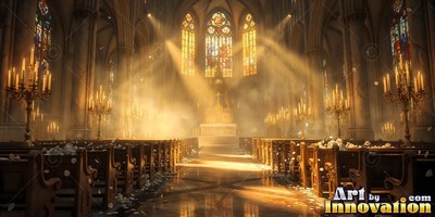 Facing down the aisle of a stone cathedral where golden sun shines on wooden pews