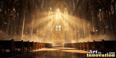 Bright sunlight beams through cathedral windows over misty wooden pews