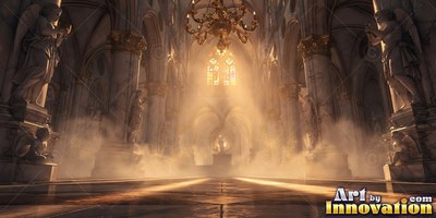 Inside a misty cathedral, stone angel statues line a sunlit marble hall