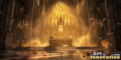 Shining through stained-glass panels, golden sunlight fills a cathedral altar with white mist