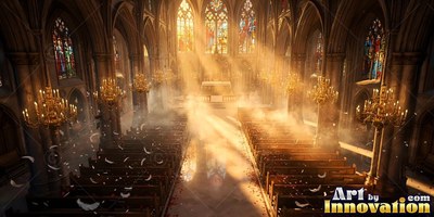 Cathedral aisle with wooden pews under bright sunlight and mist