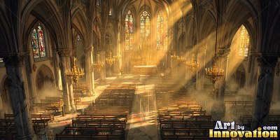 Sunbeams stream through stained glass windows into a cathedral with stone walls with wooden pews