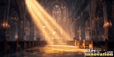 A cathedral nave fills with diagonal sunbeams shining bright yellow on the floor