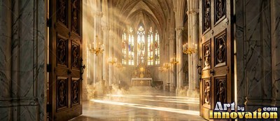Looking past heavy wooden doors into a sunlit tall stone cathedral floor