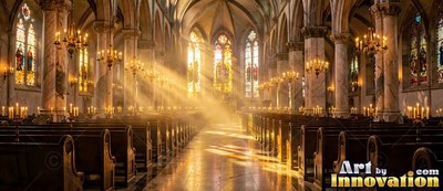 Bright sunlight beams down the center aisle of a cathedral lined with pews