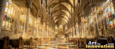 In a cathedral with stone walls, sunlight pours through mist between rows of pews