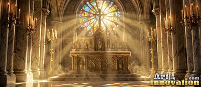 Cathedral altar with sunbeams from a round stained glass window