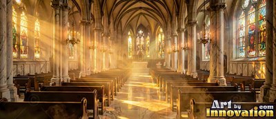 Bright sunlight streams past rows of wooden pews inside an empty cathedral