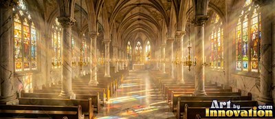 A cathedral aisle fills with morning light streaming through tall stained glass onto wooden pews