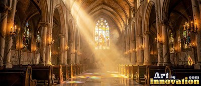 Facing down the center aisle of a cathedral with sunbeams shining through windows