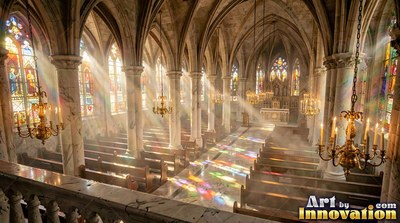 Sunlight streams through tall stained-glass windows across the cathedral floor