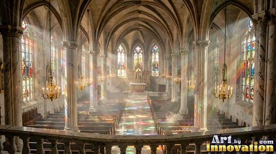 Catching colored sunlight, a cathedral nave fills with soft haze between tall stone pillars
