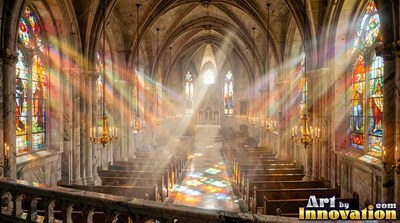 A cathedral fills with dusty sunbeams shining colorful light over wooden pews
