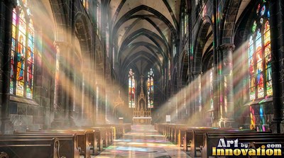 Looking down the center aisle of a tall stone cathedral as sunlight streams inside