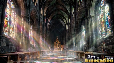 Sunlight streams through colored glass onto the dark stone floor of an empty cathedral