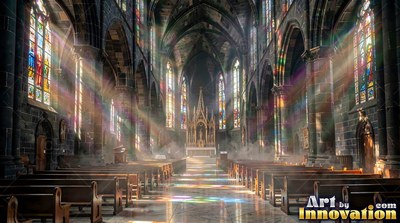 In a cathedral, sunlight streams through stained-glass windows across wooden pews