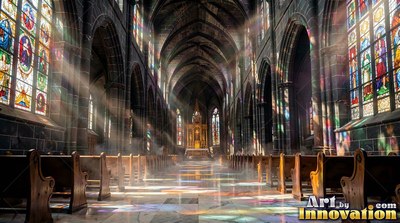 Shining through tall stained glass, bright sunlight fills an empty cathedral aisle