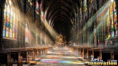 Cathedral aisle with sunlight streaming through stained glass windows