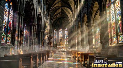 Tall arched stone ceilings in a Gothic cathedral, where bright sunbeams cut through light mist onto wooden pews