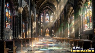 A cathedral aisle fills with sunlight streaming through stained-glass windows across polished stone floors