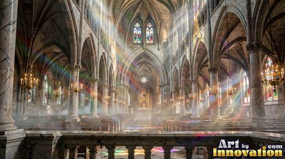 Bright rainbow light streams through a cathedral with stone walls filled with white haze