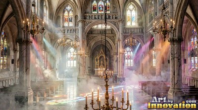 In a stone cathedral, colorful light beams cut through haze above empty pews