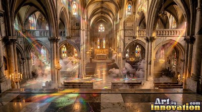Filling with soft mist, a cathedral with stone walls catches colorful light across its floors