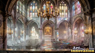 Cathedral interior with light beams shining on pews and mist