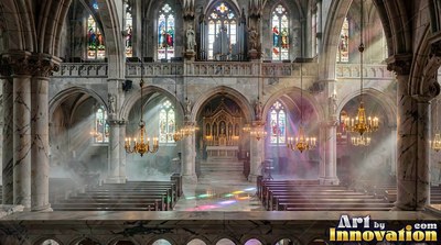 A cathedral with stone walls fills with white mist as sunbeams cast colored patches on the floor