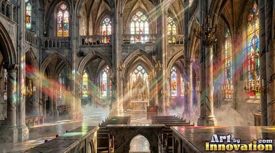Facing forward in a cathedral with rainbow light shining through mist