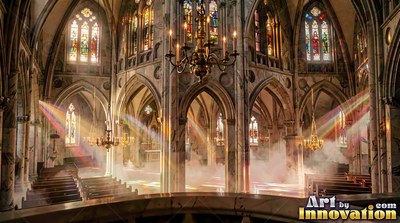 Shining through soft fog, colored sunbeams cross a stone cathedral floor