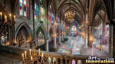 A cathedral with stone walls filled with mist and colorful light beams