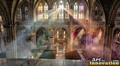 Arched stained-glass windows send sunbeams through white mist inside a cathedral