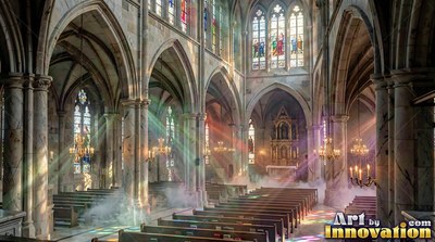 A stone cathedral shelters rows of wooden pews as colored light cuts through fog